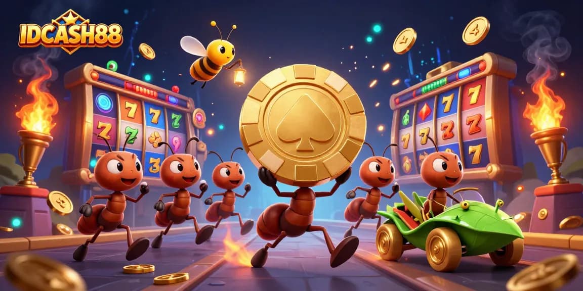 Experience the excitement of IDCASH88 with ants heisting a golden poker chip amid vibrant slot reels and rich casino elements.