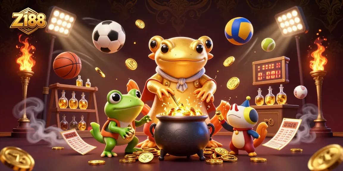 Z188 players enjoy dynamic sports betting with energetic 3D golden alchemist, frog, and newt in action.