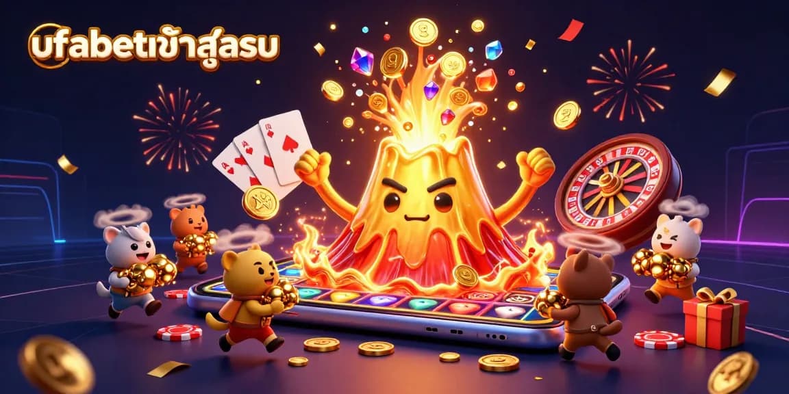 Experience the thrill of ufabetเข้าสู่ระบบ as gold coins and treasures erupt from a golden volcano in this vibrant casino-themed illustration.