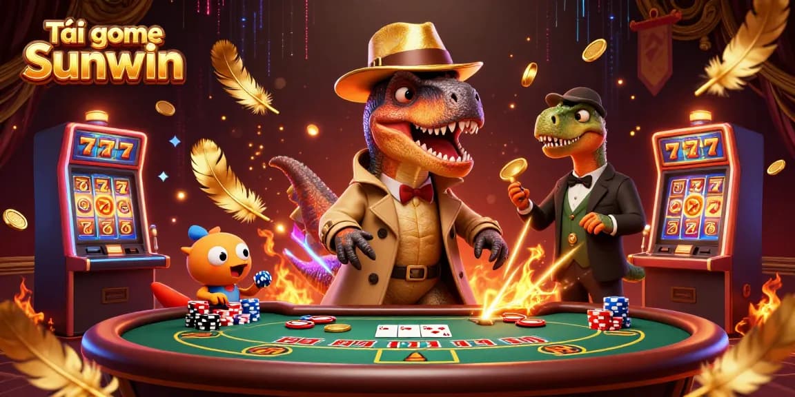 Tải game Sunwin with a clever velociraptor card counter at a blackjack table in a vibrant 3D casino scene.