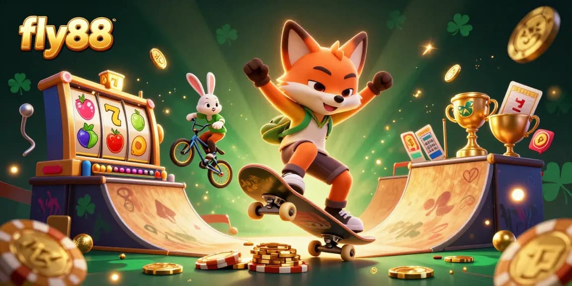 Experience the thrill with fly88 as a cartoon fox flips over poker chips in a vibrant casino scene.