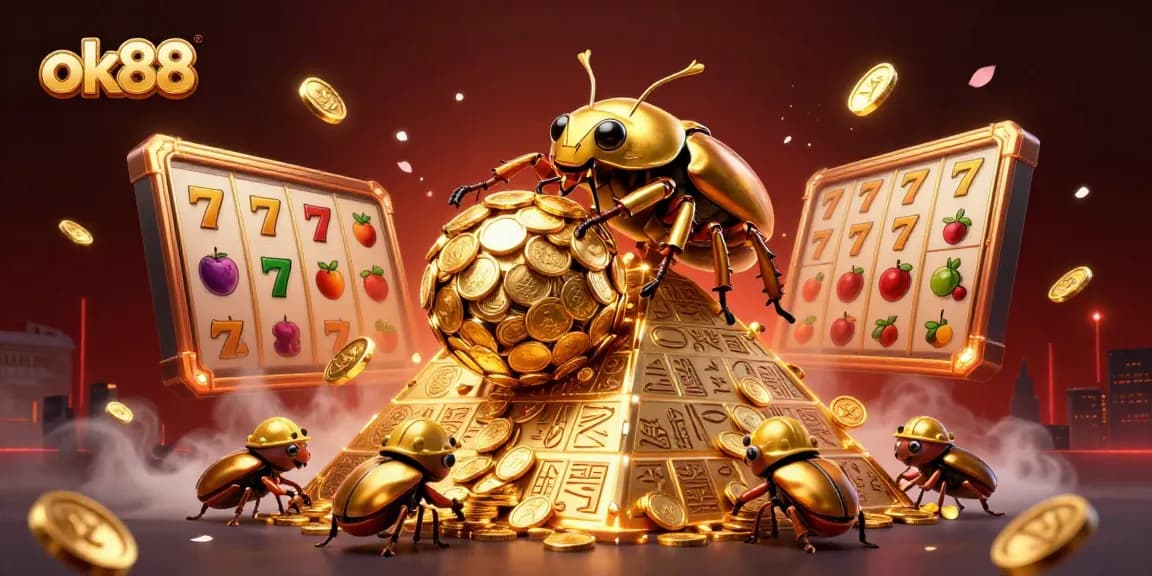 Engage with the captivating ok88 illustration showcasing a golden dung beetle and slot game excitement.