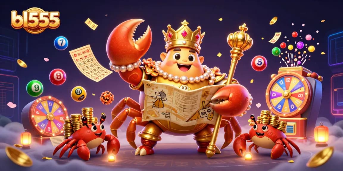Experience thrilling wins at BL555 with colorful lottery balls and a golden crab emperor.