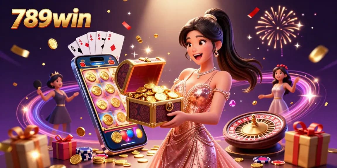 Join the fun at 789win as a joyful Asian woman showcases treasure in an exciting casino scene.
