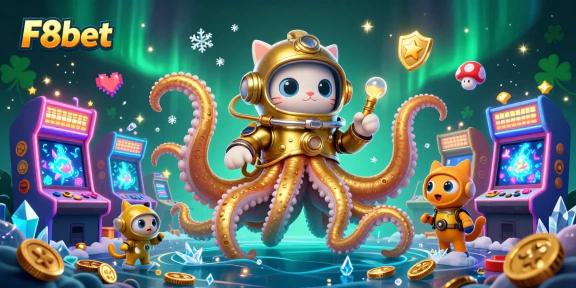 Engage with F8bet's thrilling gaming world featuring a kraken and diving cat amidst vibrant casino elements.