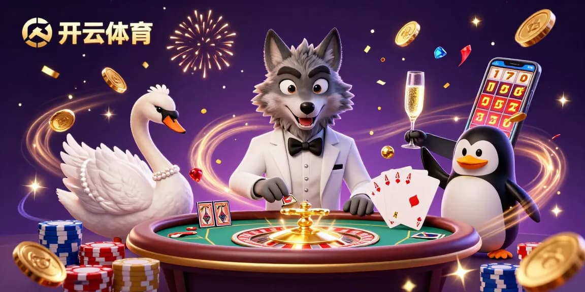 Engage with 开云体育 through a lively casino scene featuring a wolf, swan, and penguin amidst gaming elements.