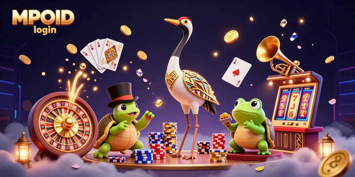 Experience the excitement of MPOID login with this vibrant 3D illustration of gambling elements and characters.