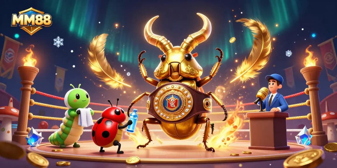 MM88 sports betting arena featuring a golden stag beetle champion with an energetic scene of coins and tokens
