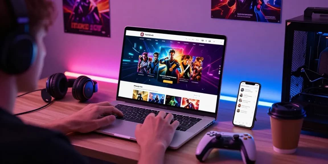 Pengguna 91dewa menikmati pengalaman hiburan digital dengan laptop, grafis permainan, dan suasana ceria.