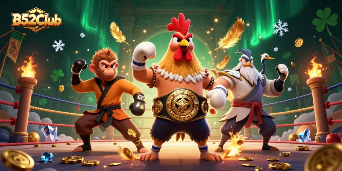 B52Club engaging the audience with a lively casino scene featuring dynamic cartoon characters and betting elements