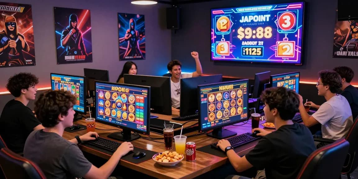 Pemain slot88 bersemangat dalam suasana gaming, merayakan kemenangan di lounge modern