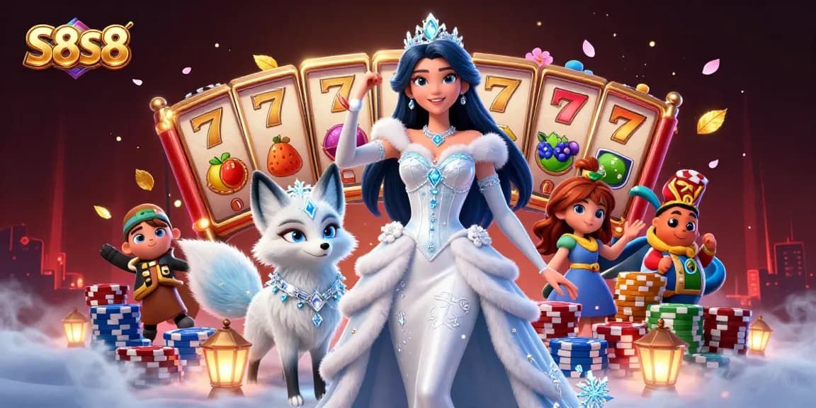 Spin and win with S8S8 in this vibrant casino scene featuring dynamic slot elements and glamorous characters.