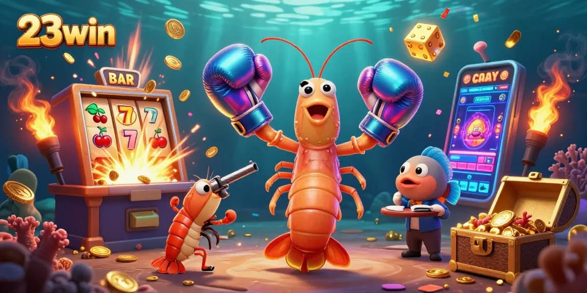 Win exciting jackpots at 23win with a vibrant underwater casino-themed illustration full of engaging game elements.