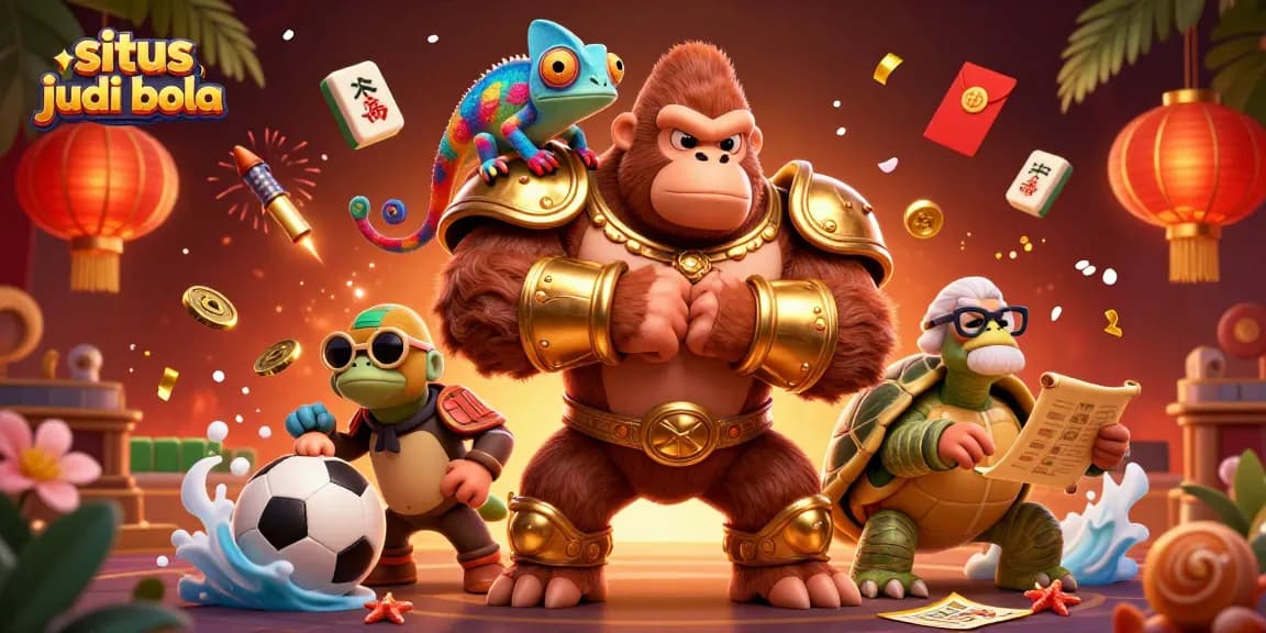 Ilustrasi situs judi bola yang menampilkan gorila raja 3D dan elemen taruhan olahraga.