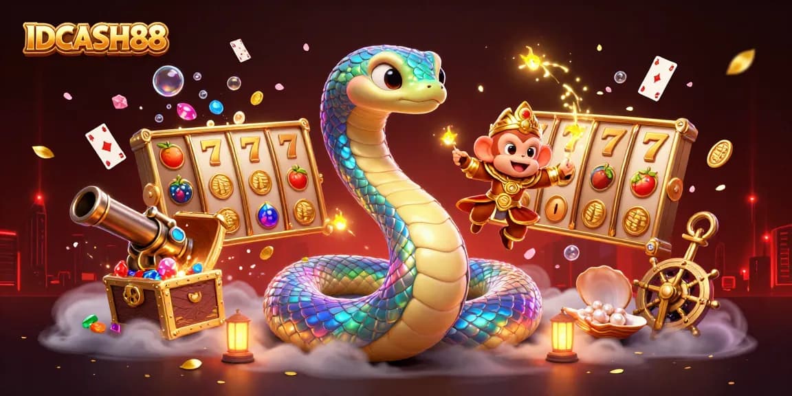 Play with IDCASH88's vibrant casino scene featuring slot reels and an energetic atmosphere.