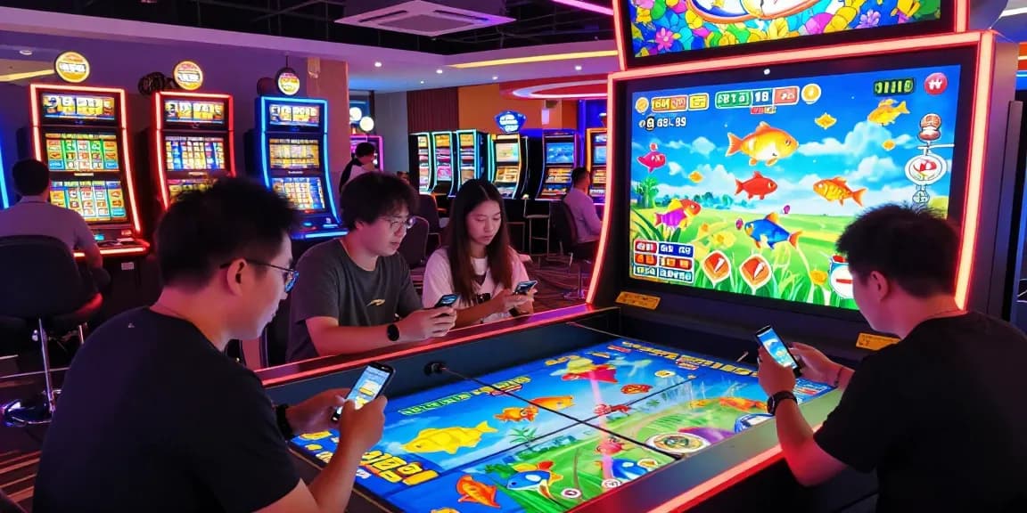 Engaging scene at 78win gaming hall showcasing players enjoying exciting fish shooting game.