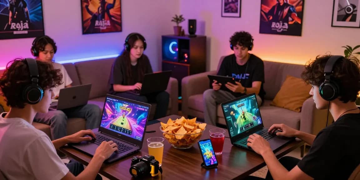 Enthusiastic players engaging in Raja Game login on multiple devices in a cozy gaming setup.