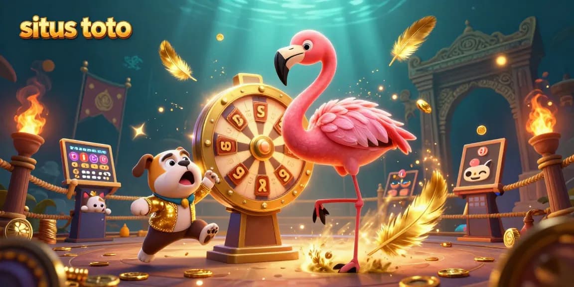 Engage with exciting situs toto gameplay as a flamingo host spins a golden prize wheel
