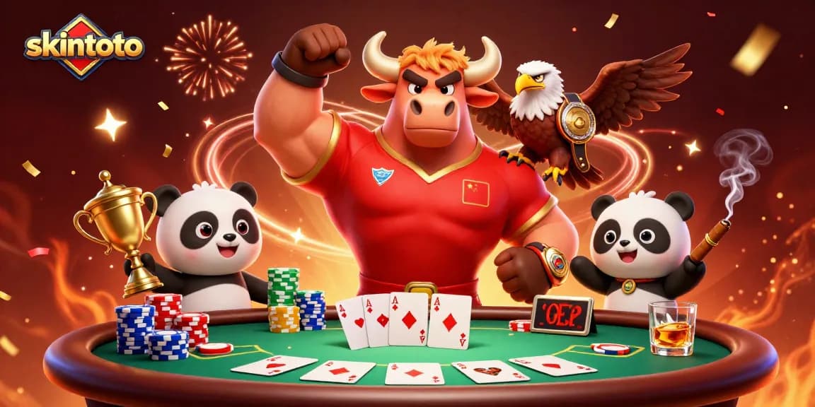 Skintoto menghadirkan suasana kasino dengan kemenangan, piala, dan tumpukan chip poker.