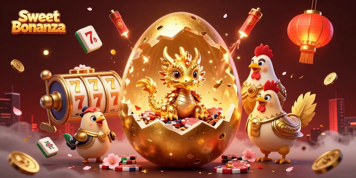 Engage with Sweet Bonanza featuring a golden dragon guarding poker chips amidst vibrant casino elements.