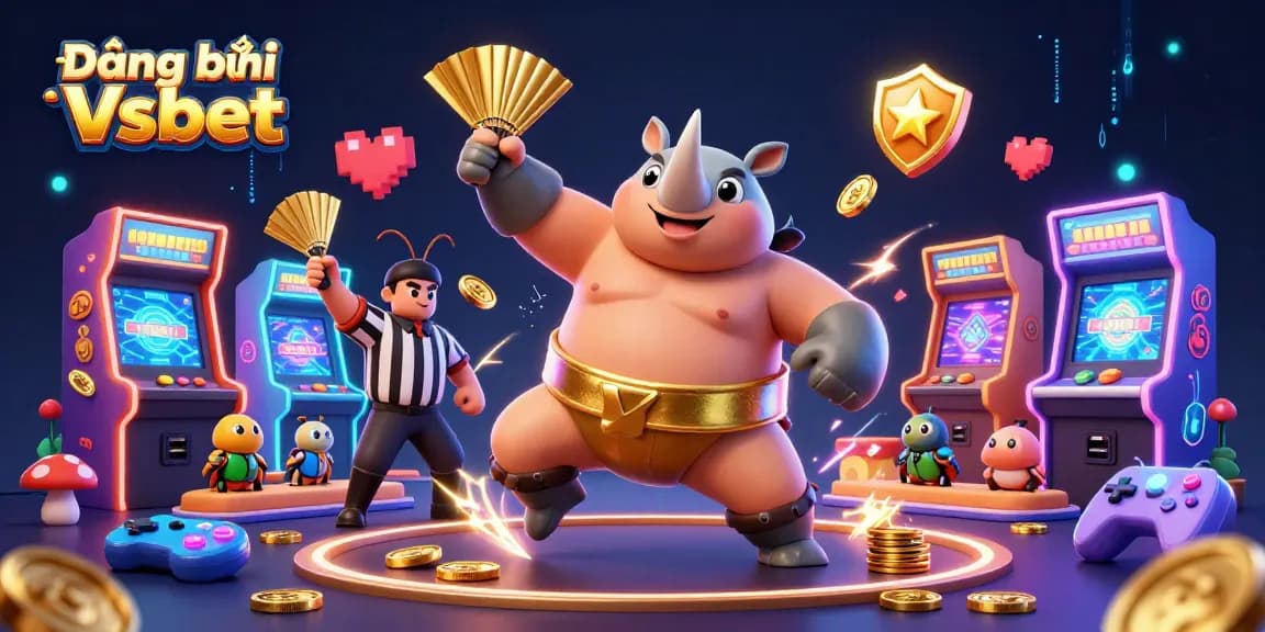 Engage in thrilling gambling action with Đăng ký Vsbet, illustrated with vibrant arcade elements.