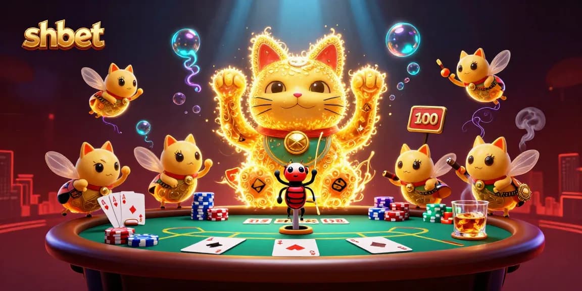 Engage with shbet's vibrant scene showcasing a golden lucky cat surrounded by poker elements.