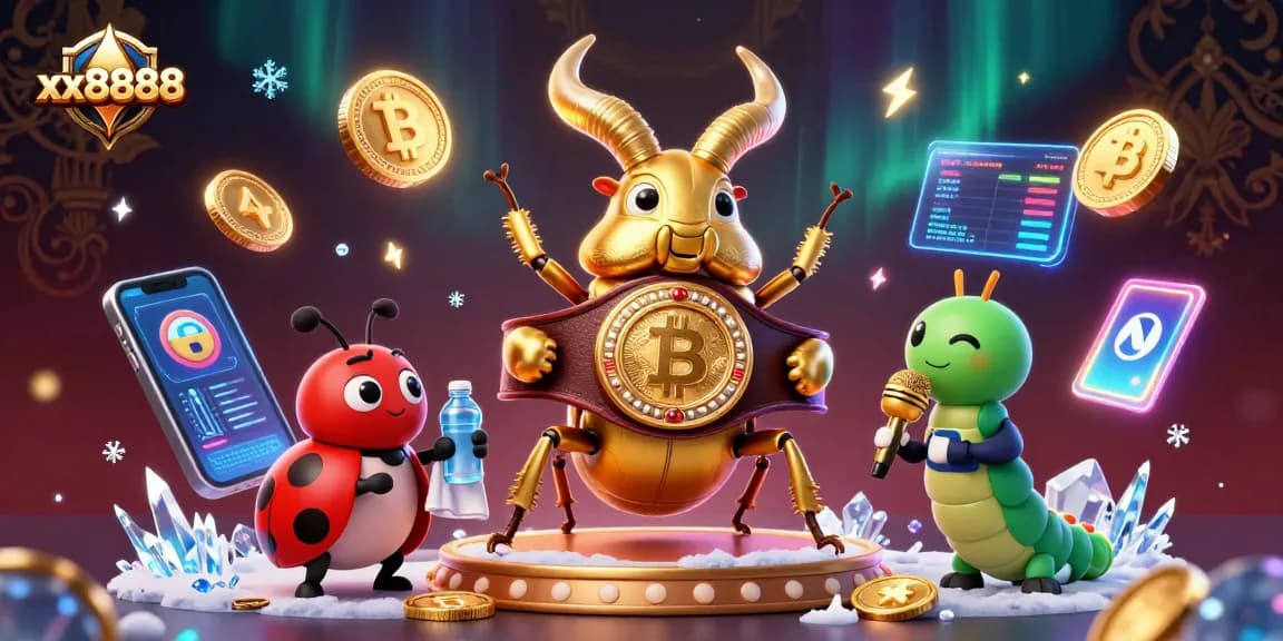 Experience the thrill of xx8888 with a golden stag beetle champion and crypto elements.