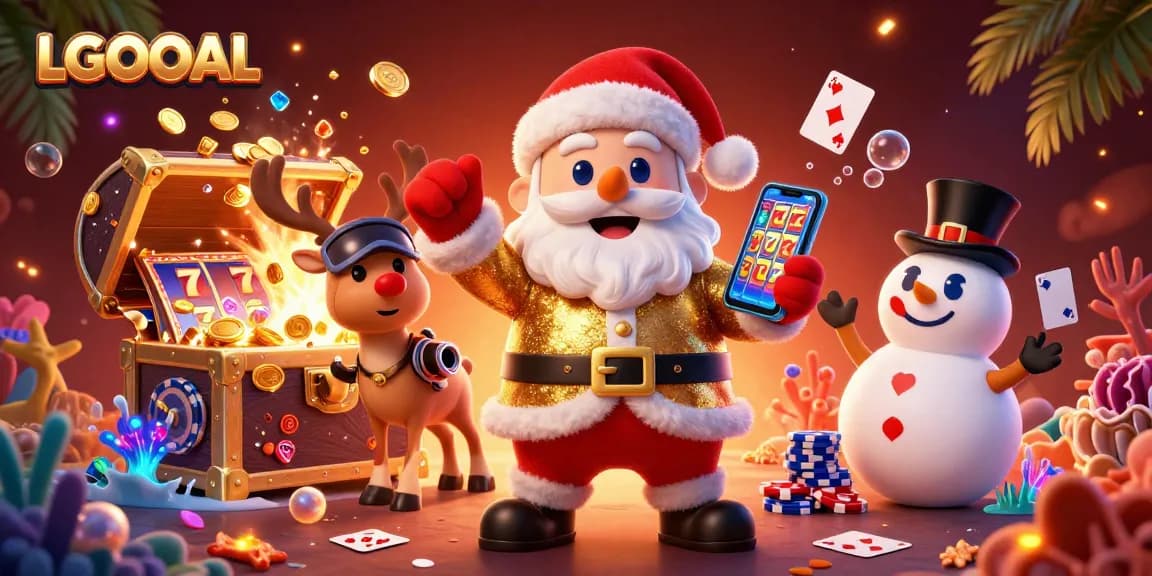 Win big at LGOGOAL with Santa and friends in a vibrant casino scene filled with slots and treasures.