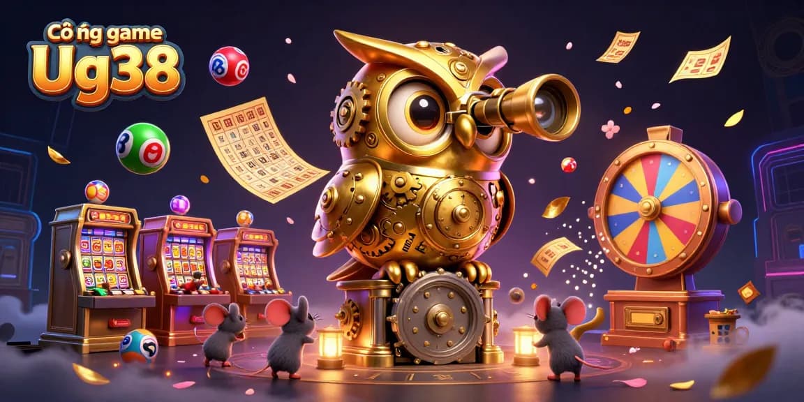 Cổng game Ug38 features a whimsical golden owl and mice amidst vibrant casino games and elements for gambling enthusiasts.