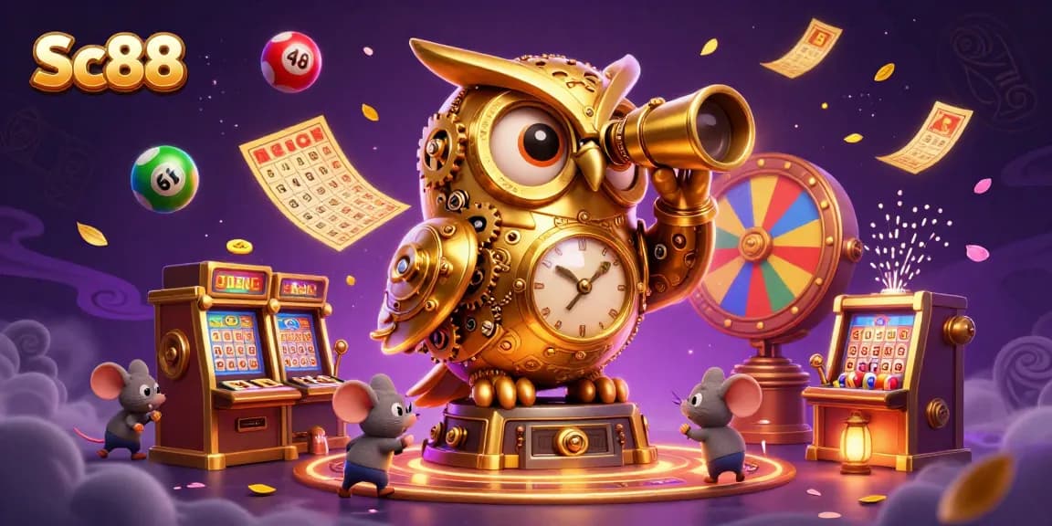 Experience fun gaming at Sc88 with a golden owl overseeing lively slot machines and games.