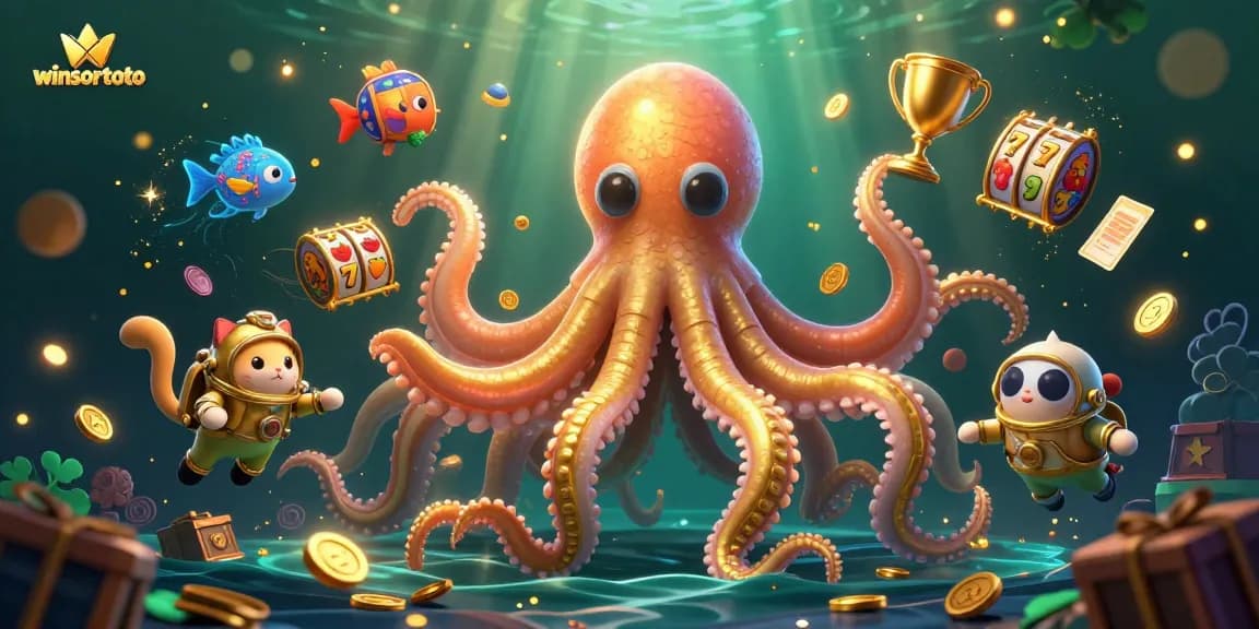 Experience thrilling winsortoto victories with a kraken, diving cat, and glowing fish in a vibrant casino scene.