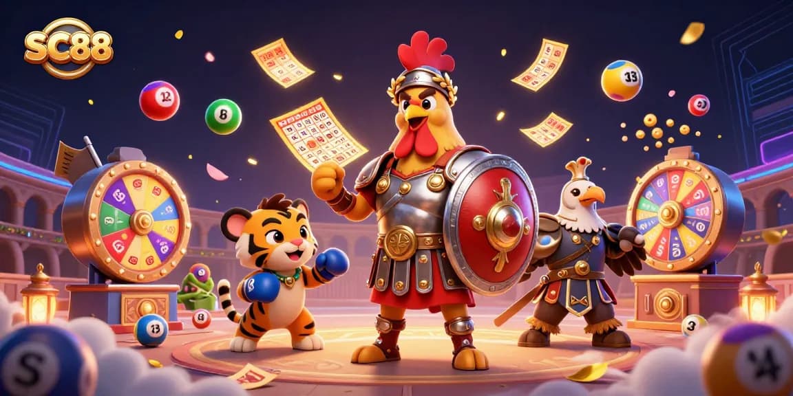 Experience the excitement of SC88 with engaging games in this vibrant 3D digital casino illustration.