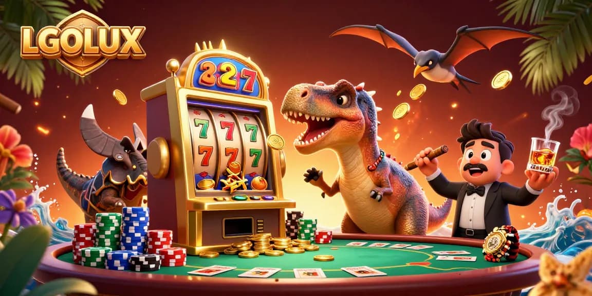 Experience jackpot excitement with LGOLUX as a cartoon pachycephalosaurus wins coins by headbutting a slot machine.