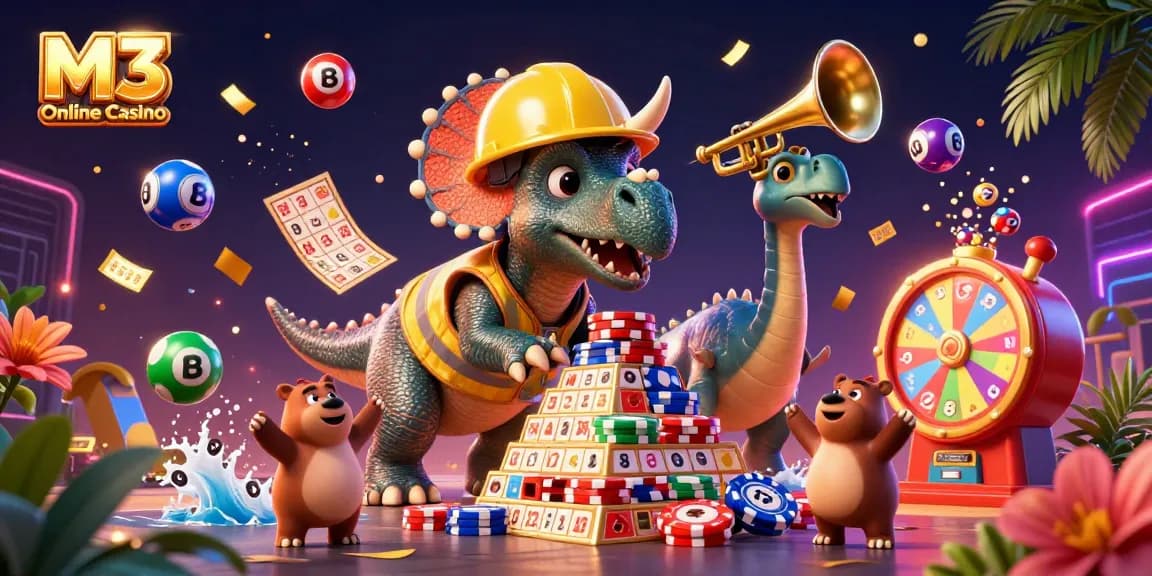 M3 Online Casino brings the excitement of gaming alive with a vibrant 3D scene full of lottery elements.