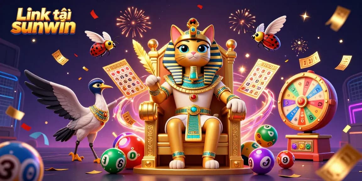 Engage with Link tải sunwin as an Egyptian pharaoh cat dominates a vibrant gambling scene.