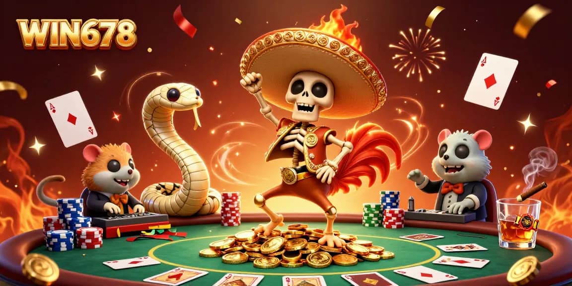Win678's animated casino scene features vibrant characters celebrating on golden coins.