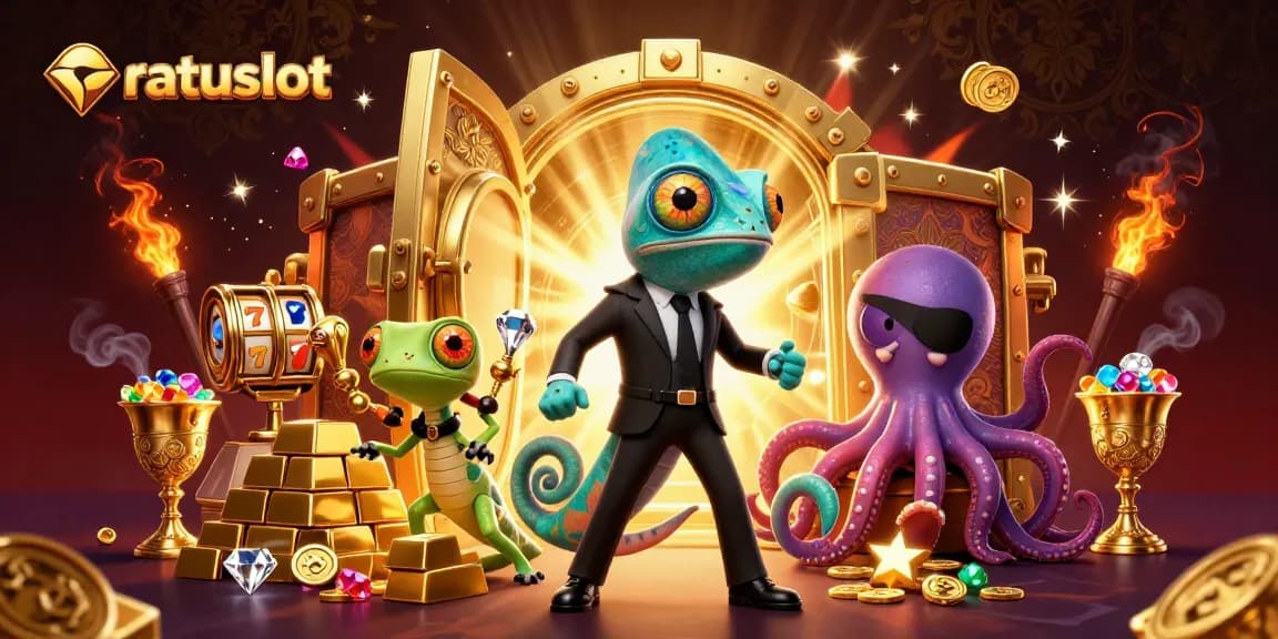 Win big with ratuslot in this vibrant 3D scene featuring an agent chameleon amidst gold treasures and slot motifs.