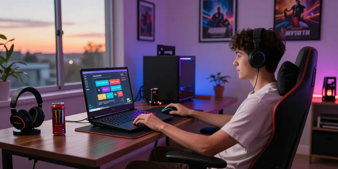 Engaging gamer using Mega888 Apk on a sleek laptop in a cozy gaming setup.