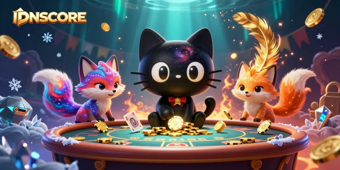 Engage with IDNSCORE's cosmic casino, where a black hole cat and nebula fox explore thrilling gaming adventures.