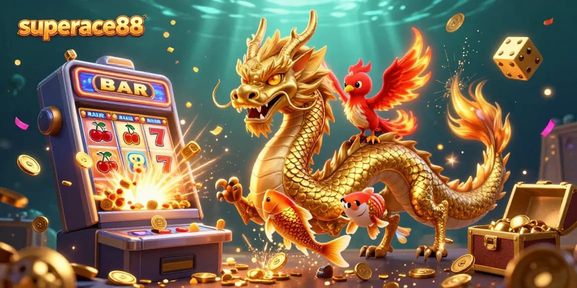 Experience the thrill of superace88 with a golden dragon and treasure explosion in this 3D illustration.