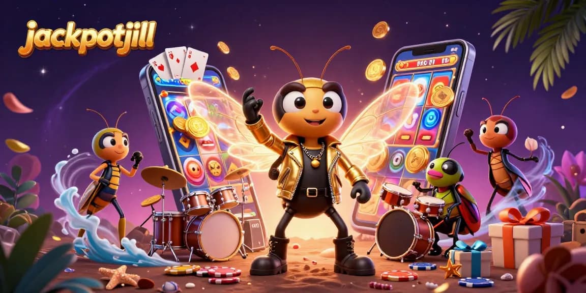 Engage with jackpotjill and experience thrilling spins on colorful slot reels amidst vibrant casino characters.
