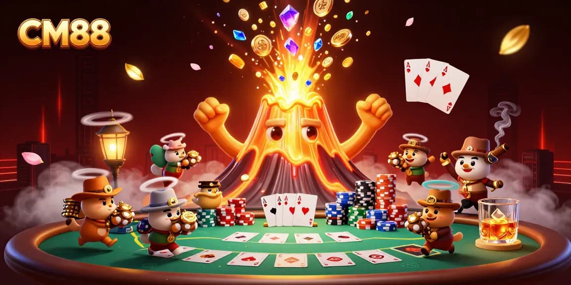 CM88 showcases a vibrant 3D volcano erupting treasure amidst an exciting poker scene.