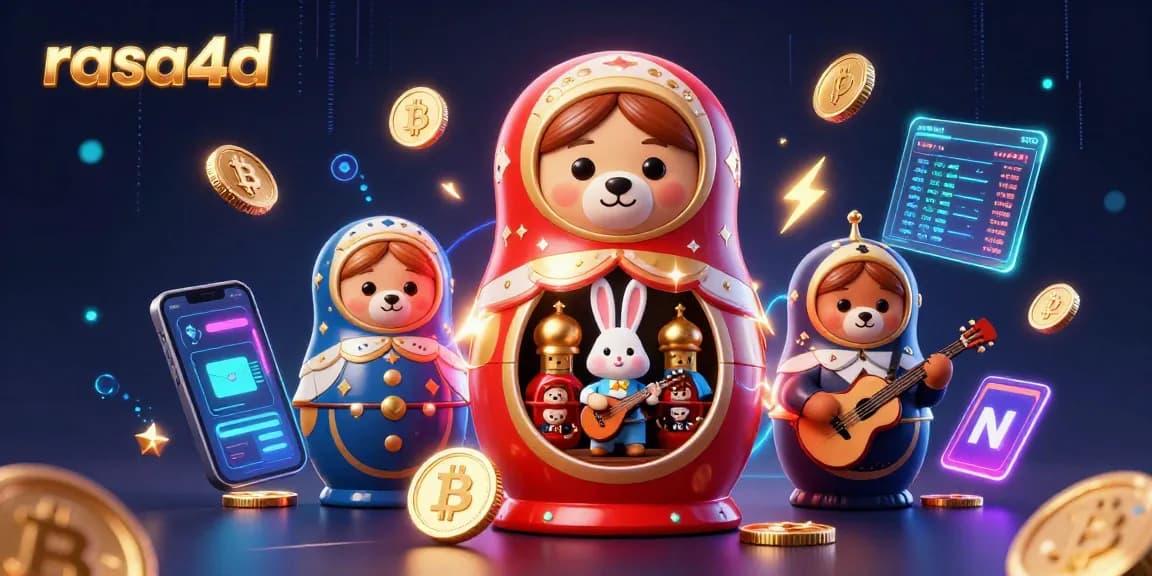 Rasa4d menampilkan boneka Matryoshka dengan dealer kasino, dikelilingi koin Bitcoin dan Ethereum.