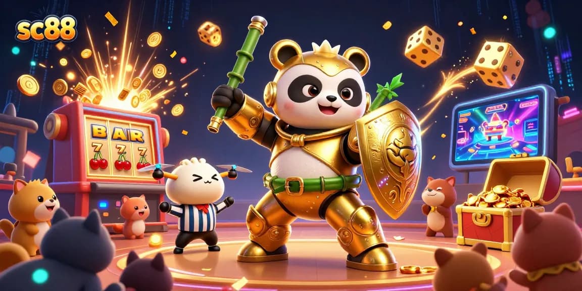 Experience thrilling gameplay at sc88 with a golden panda robot amid a vibrant casino atmosphere.