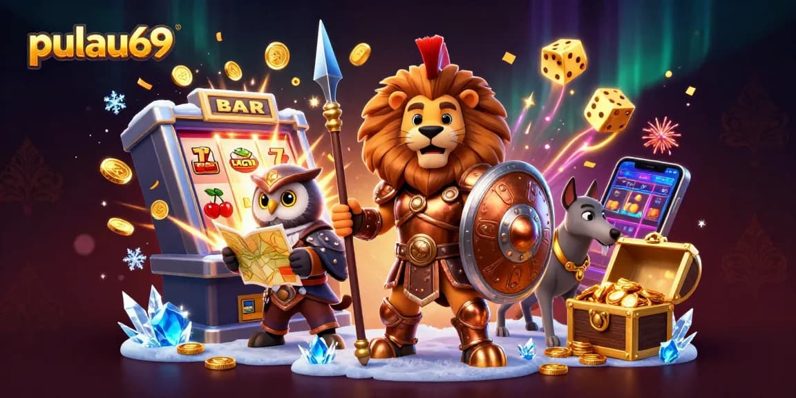 Play pulau69 with exciting slot machines and vibrant casino elements in this dynamic illustration.