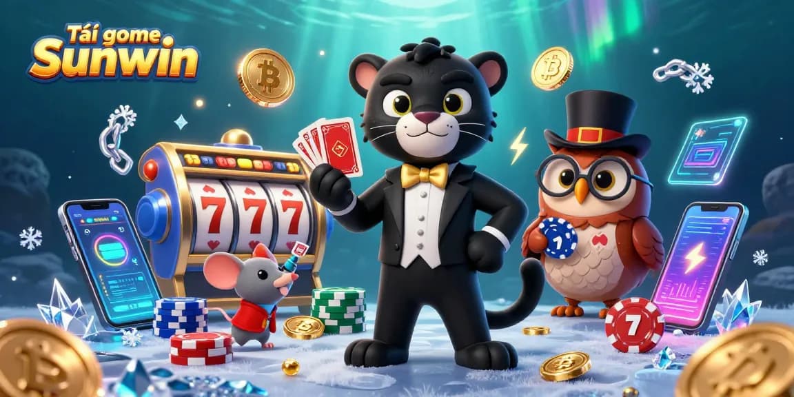 Tải game Sunwin with stylish cartoon characters in a dynamic gambling scene showcasing slot reels and crypto elements.
