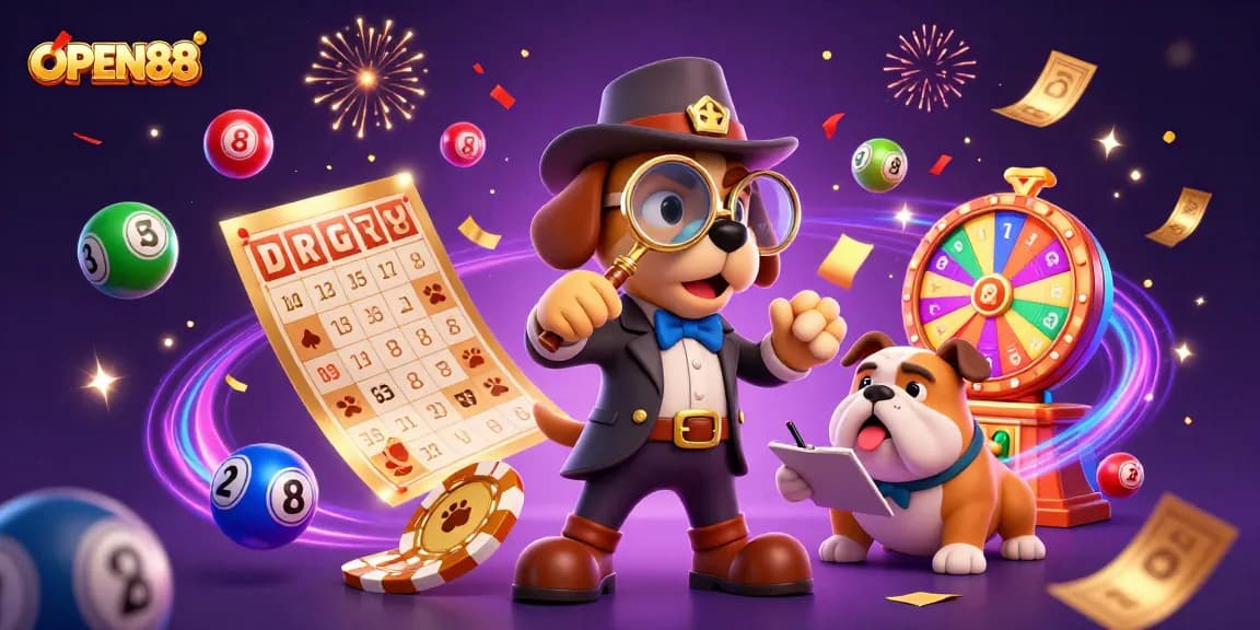 OPEN88 reveals hidden treasures with vibrant visuals of casino games and detective elements.