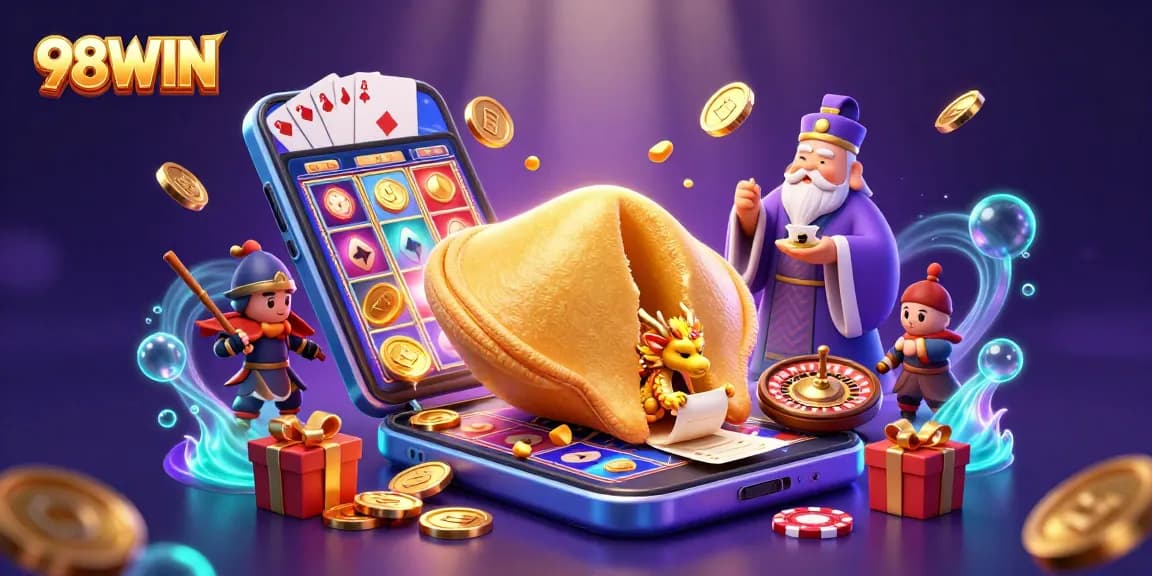 Engage with 98WIN's thrilling gaming scene featuring a golden cookie, dragon, and vibrant casino elements.