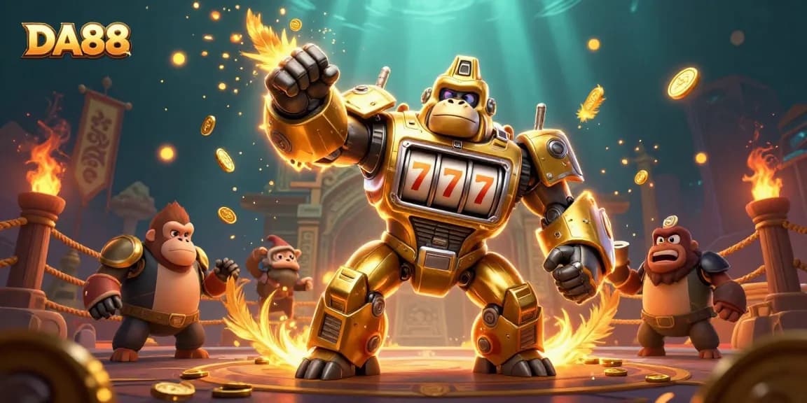 Experience thrilling wins with DA88's golden gorilla mech amidst a vibrant casino brawl.