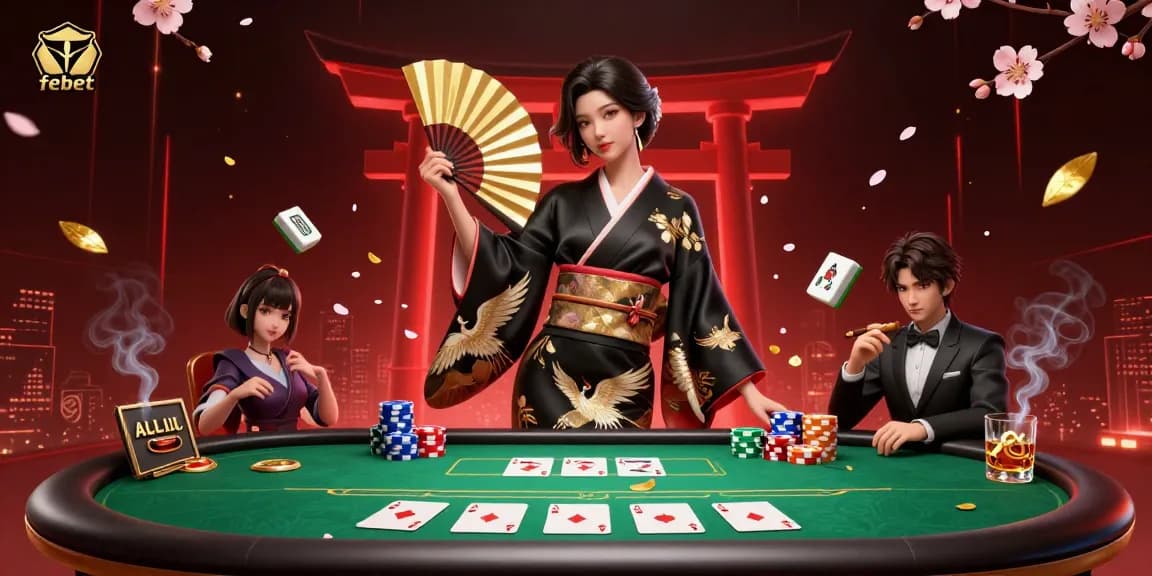 Experience thrilling gambling action with febet, featuring a stunning 3D illustration of a poker scene.